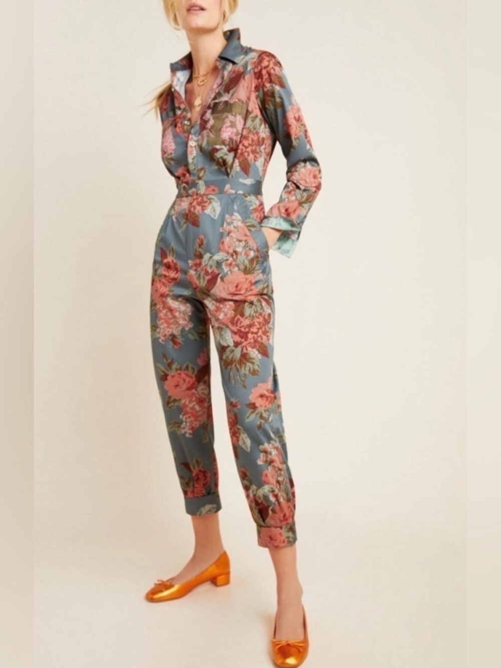 Anthropologie Sz 0 Fiona Utility Long Sleeve Jumpsuit Floral Motif